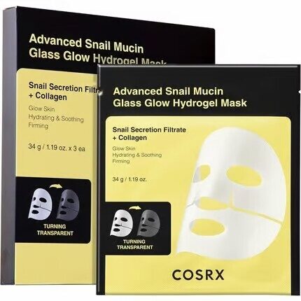 Cosrx Advanced Snail Mucin Glass Glow Hydrogel Face Mask (3 gab. iepakojums) – Intensīvi mitrinošs un atjaunojošs masku komplekts "stikla ādas" efektam